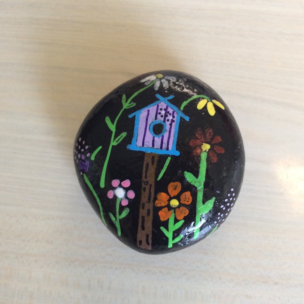 Hand Painted Rock Birdhouse and Garden Design